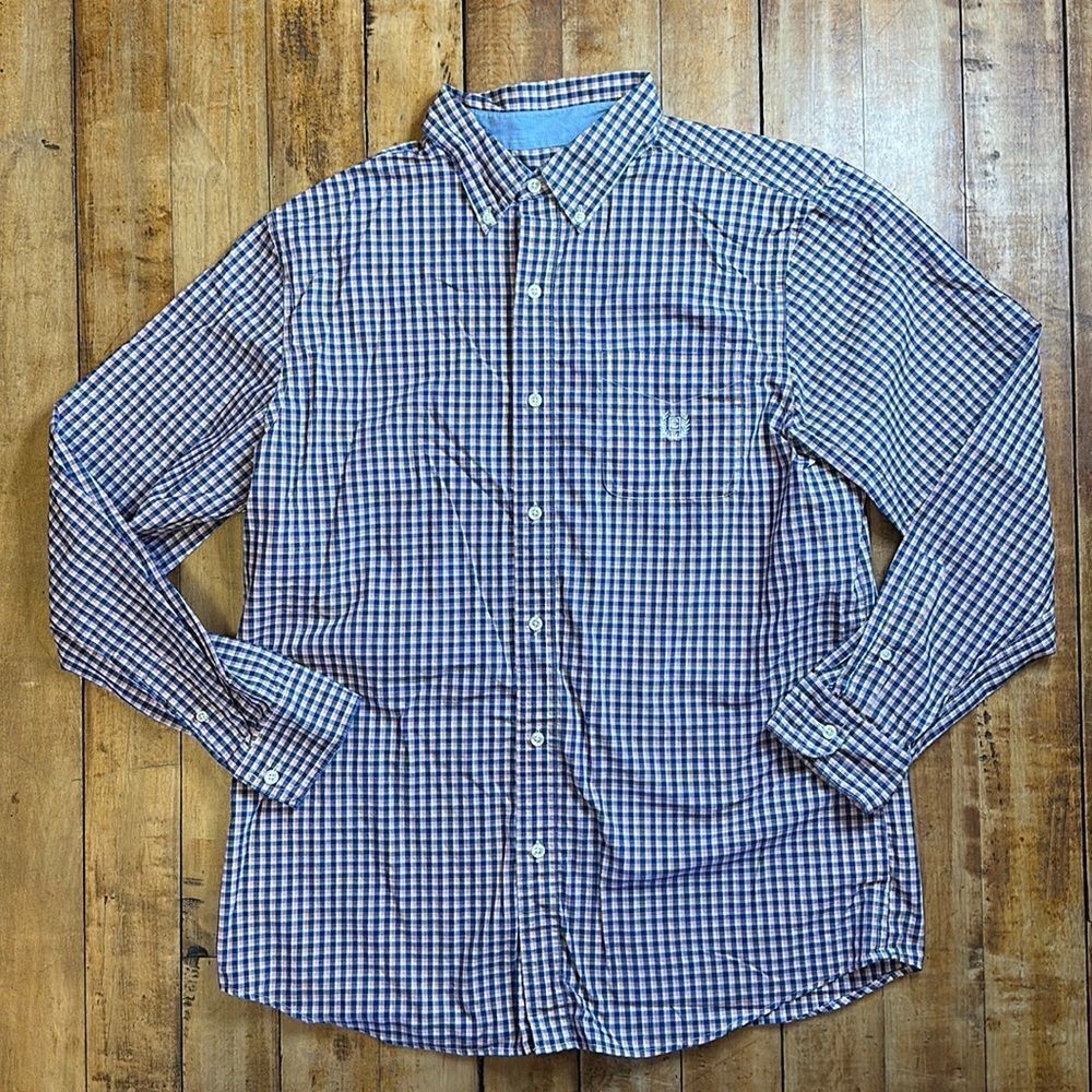 Chaps Mens size Large Dress shirt Easy Care Blue Red Plaid Button Down wedding